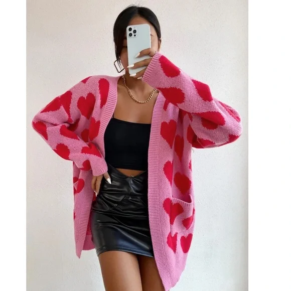 Allover Heart Pattern Knit Cardigan π - Picture 2 of 5